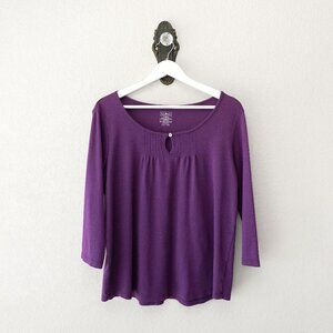 L.L. Bean Supima Cotton Purple Top Large 3/4 Sleeve Keyhole Soft Stretch Casual